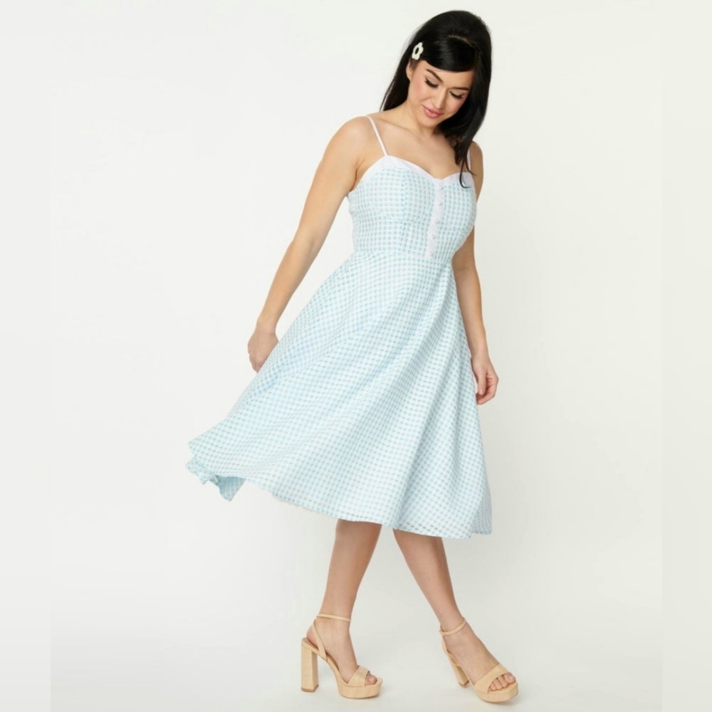 Unique Vintage Blue Textured Gingham Dress